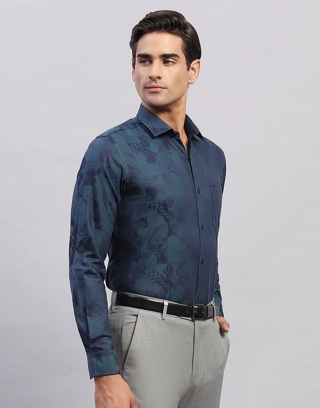 Men Navy Blue Self Design Collar Full Sleeve Shirt - Image 4