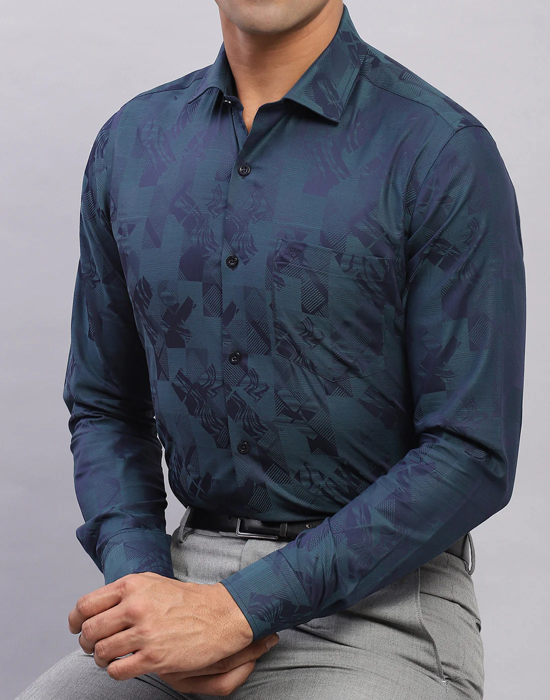 Men Navy Blue Self Design Collar Full Sleeve Shirt - Image 6