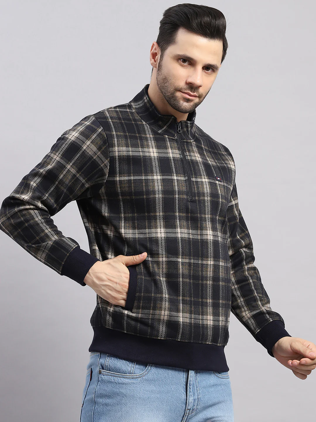 Men Navy Blue Self Design Collar Full Sleeve Sweatshirt - Image 4