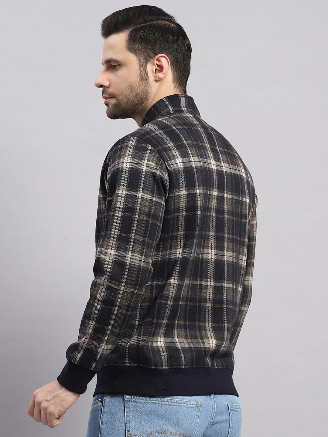 Men Navy Blue Self Design Collar Full Sleeve Sweatshirt - Image 5