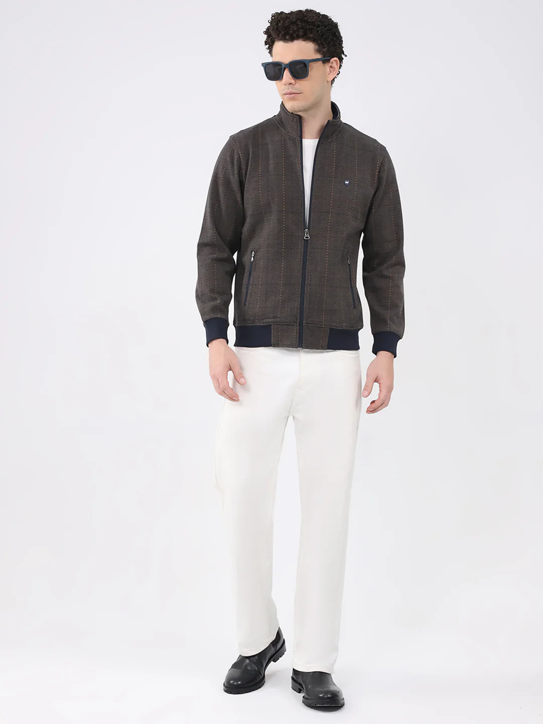 Men Navy Blue Self Design Collar Full Sleeve Sweatshirt - Image 2