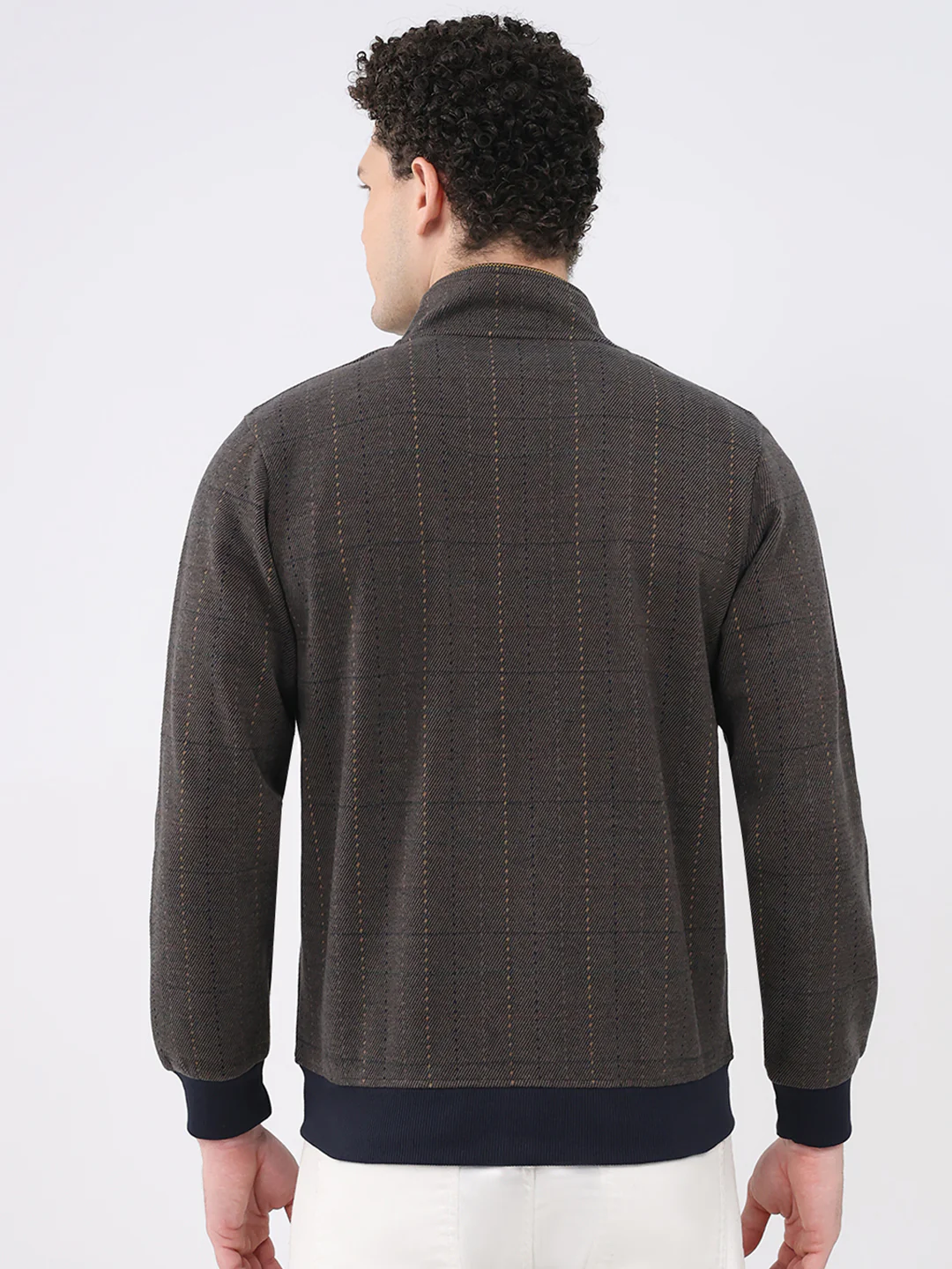 Men Navy Blue Self Design Collar Full Sleeve Sweatshirt - Image 5