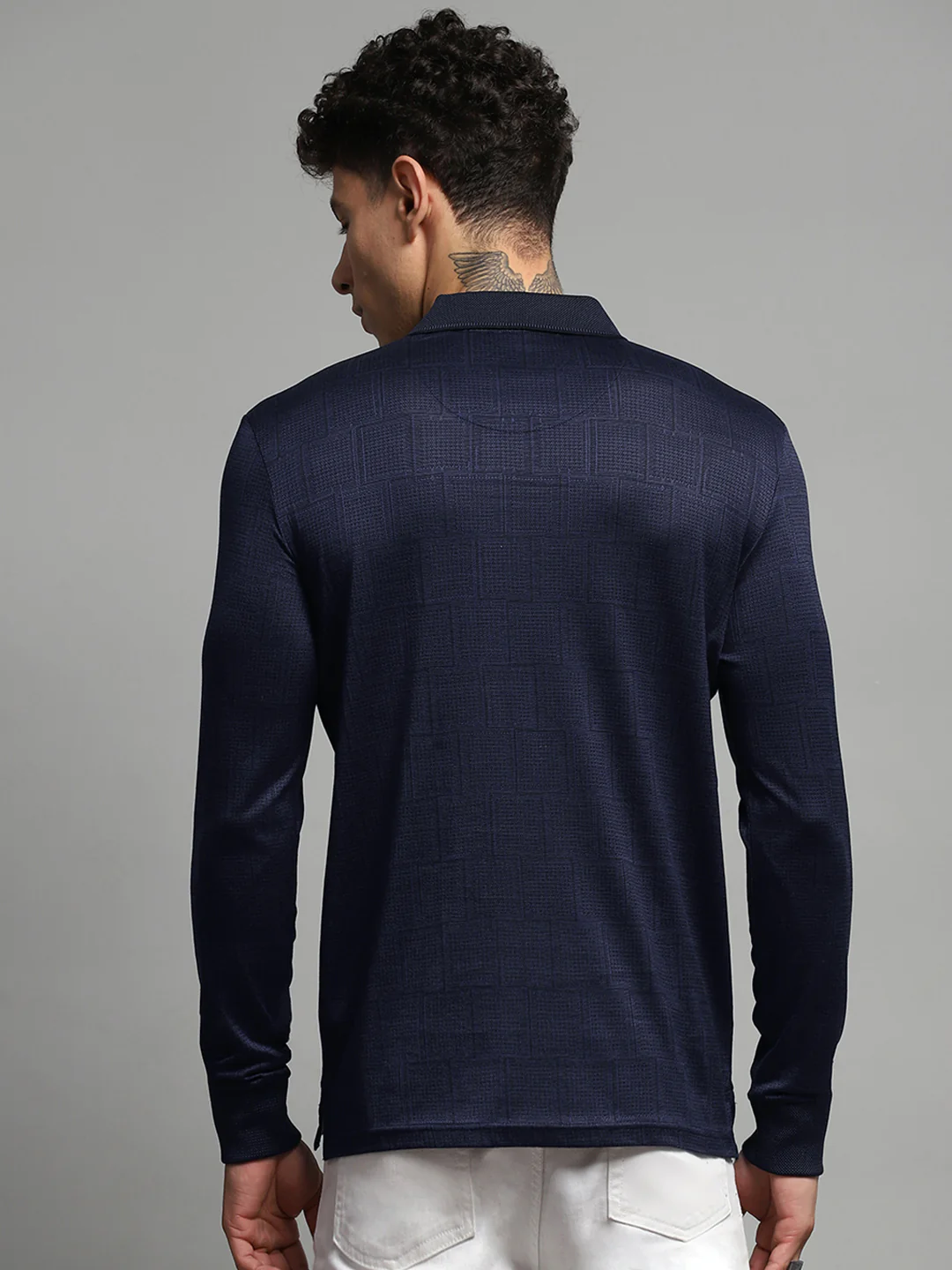Luxuria Men Navy Blue Self Design Collar Full Sleeve Winter T-Shirt - Image 5