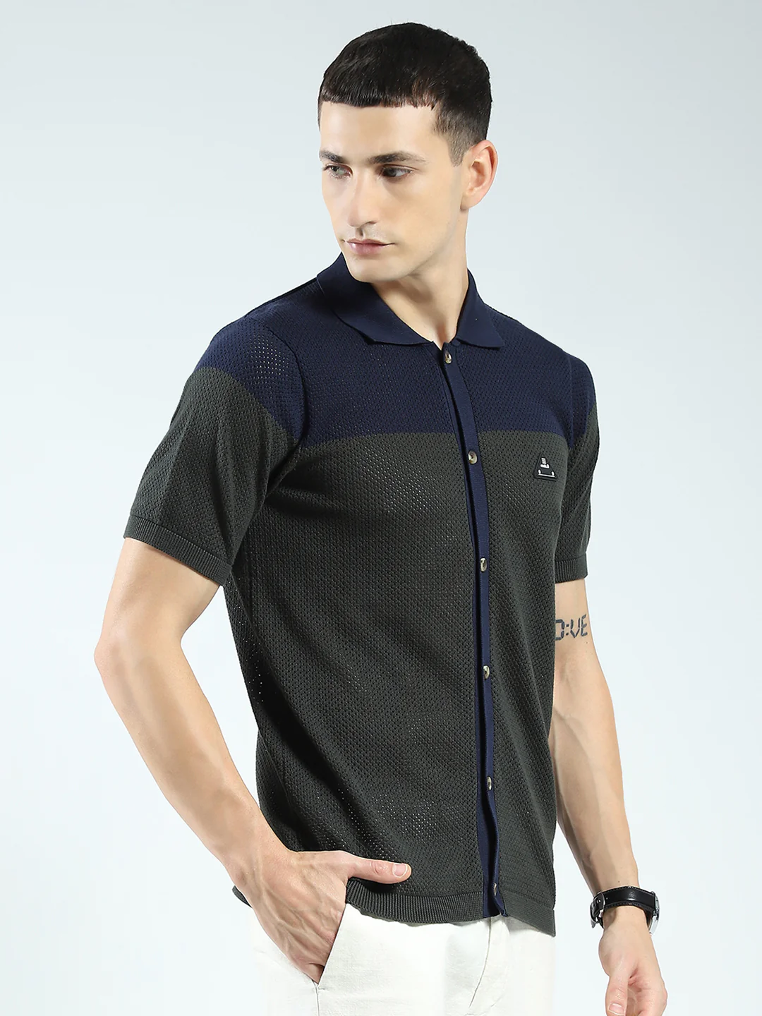 Rock.it Men Navy Blue Self Design Collar Half Sleeve Shirt - Image 4