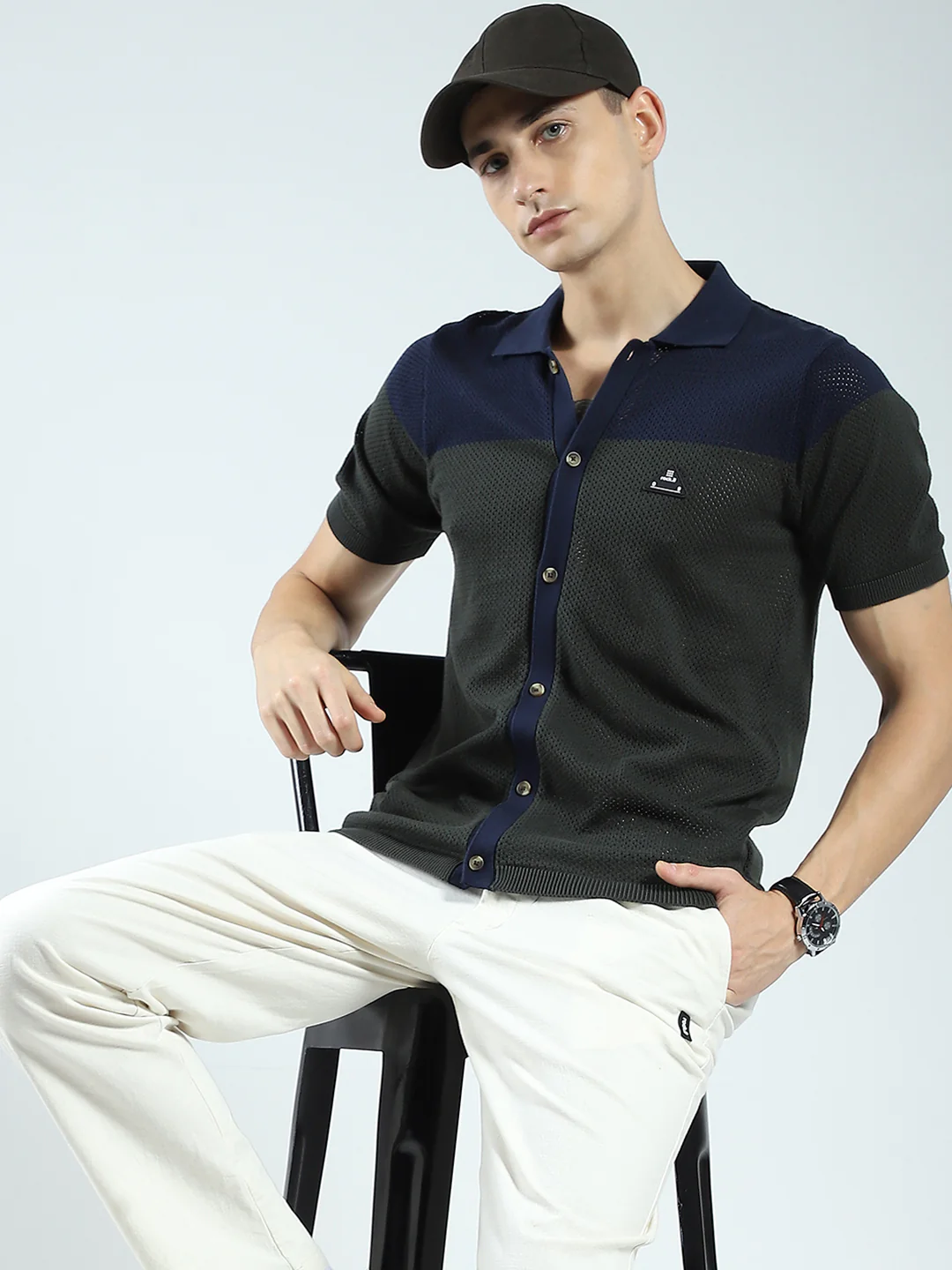 Rock.it Men Navy Blue Self Design Collar Half Sleeve Shirt - Image 6