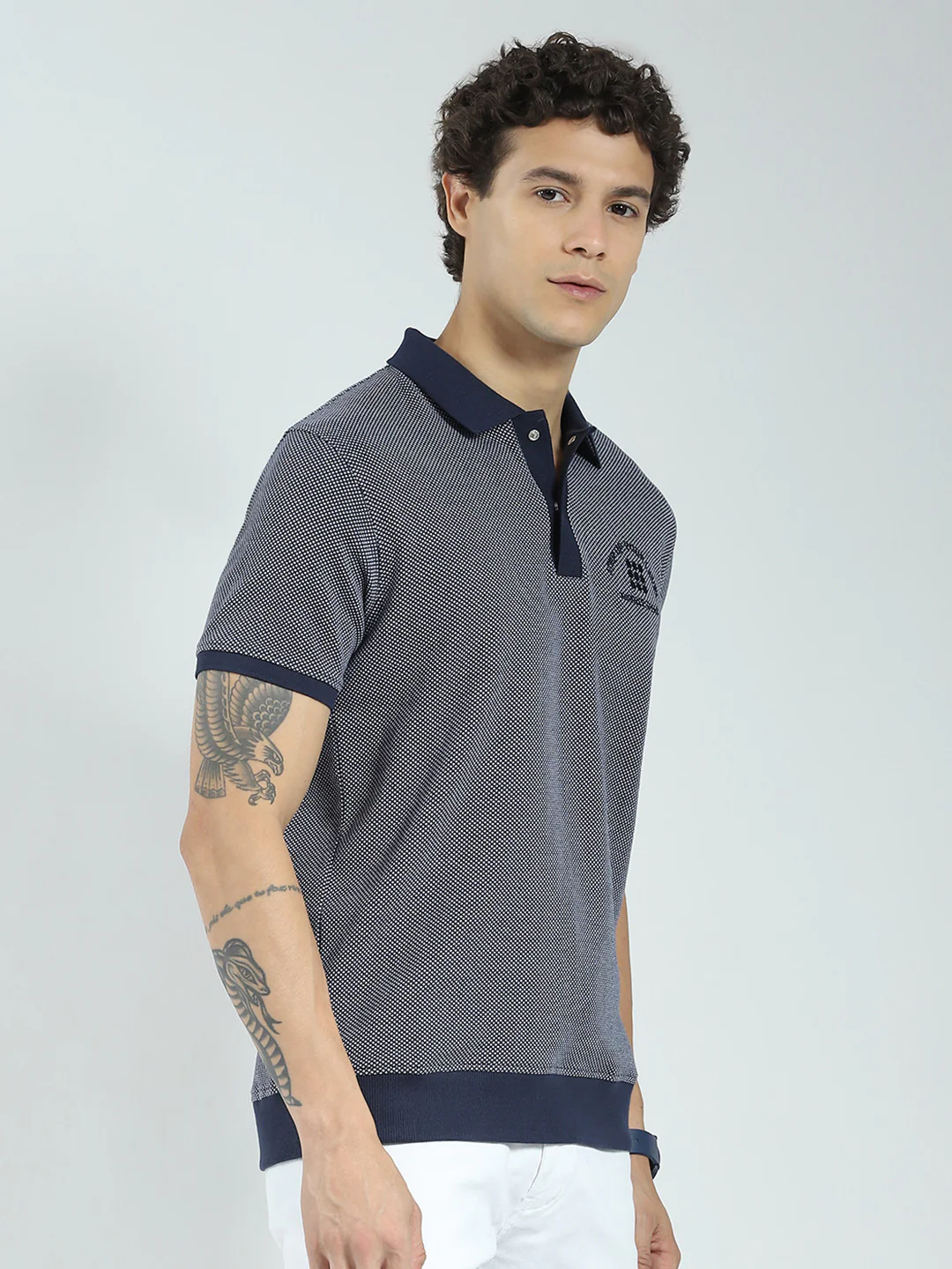 Rock.it Men Navy Blue Self Design Collar Half Sleeve T-Shirt - Image 4