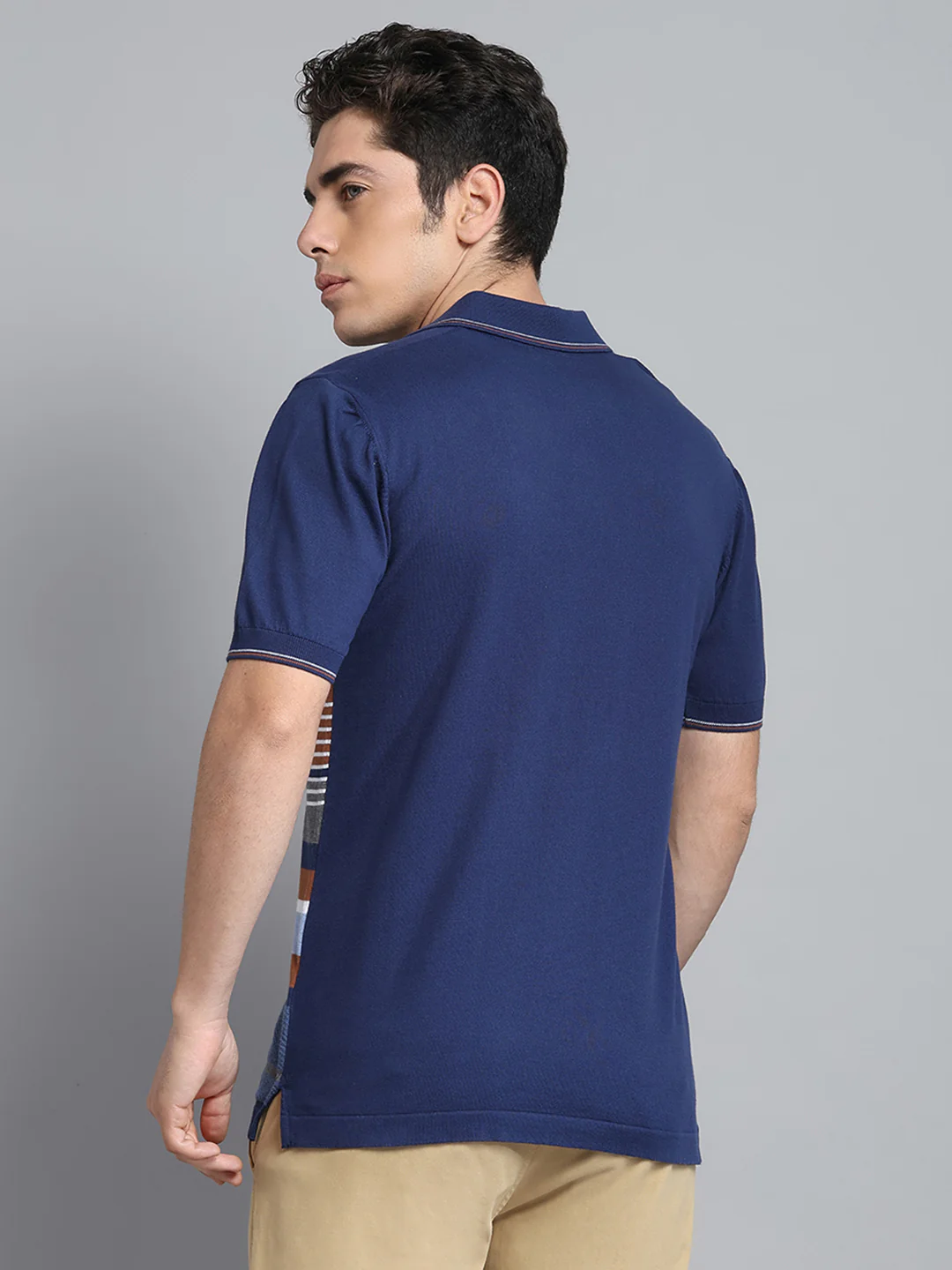 Men Navy Blue Self Design Collar Half Sleeve T-Shirt - Image 5