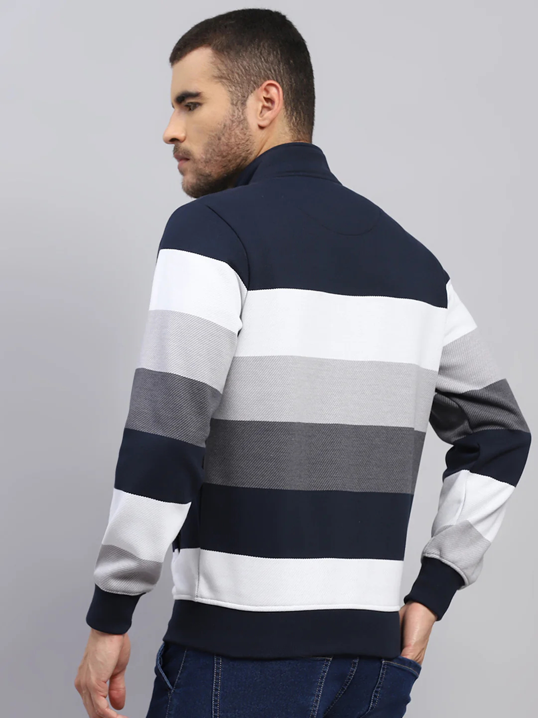 Men Navy Blue Self Design Hooded Full Sleeve Sweatshirt - Image 5