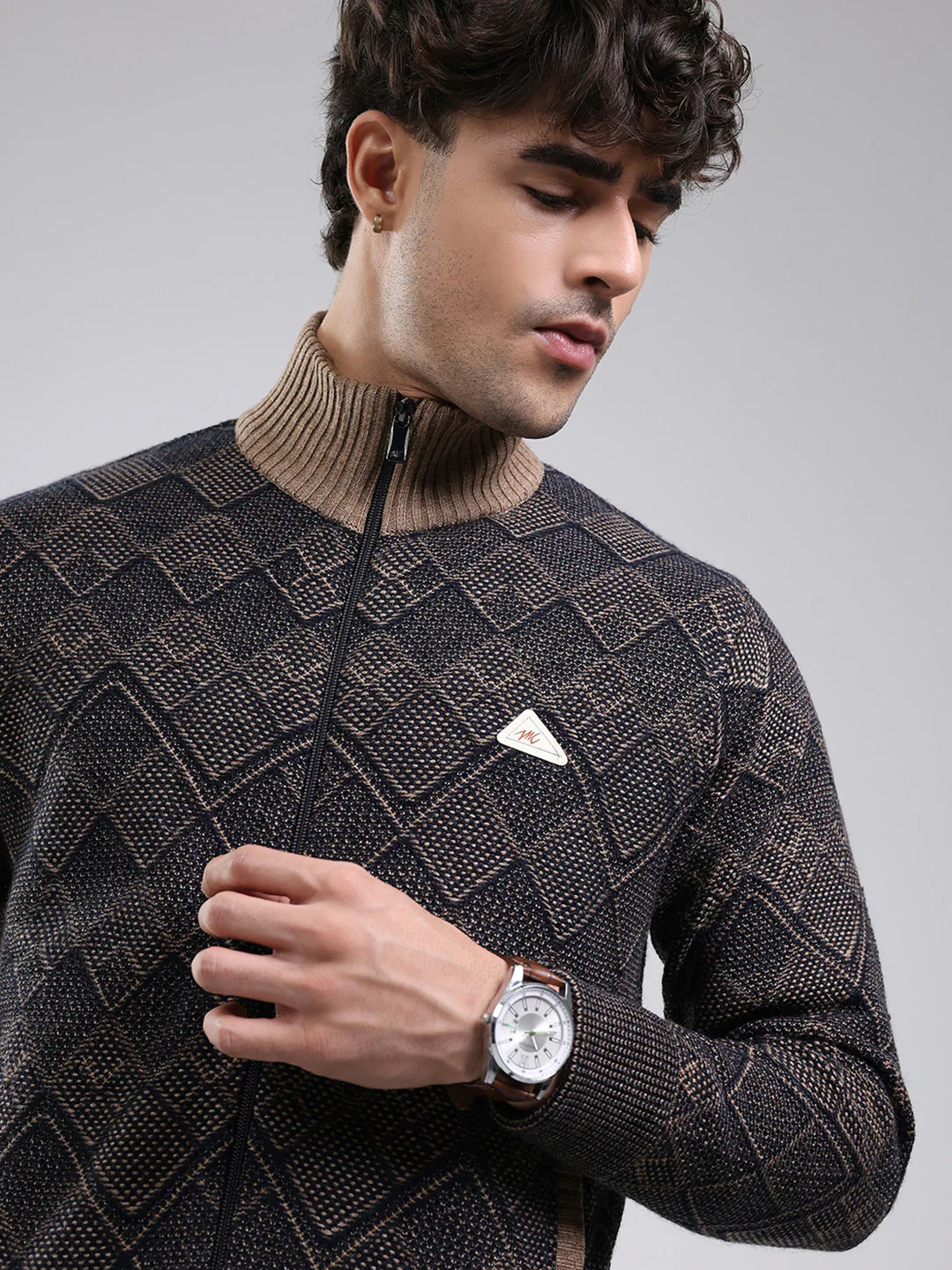 Men Navy Blue Self Design Mock Neck Full Sleeve Jacket - Image 7