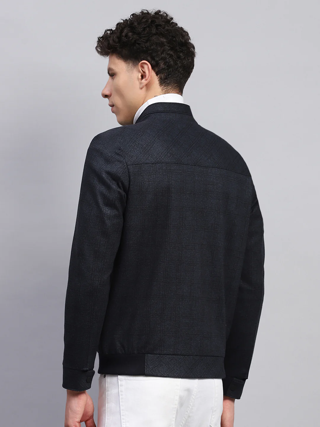 Men Navy Blue Self Design Mock Neck Full Sleeve Jacket - Image 5
