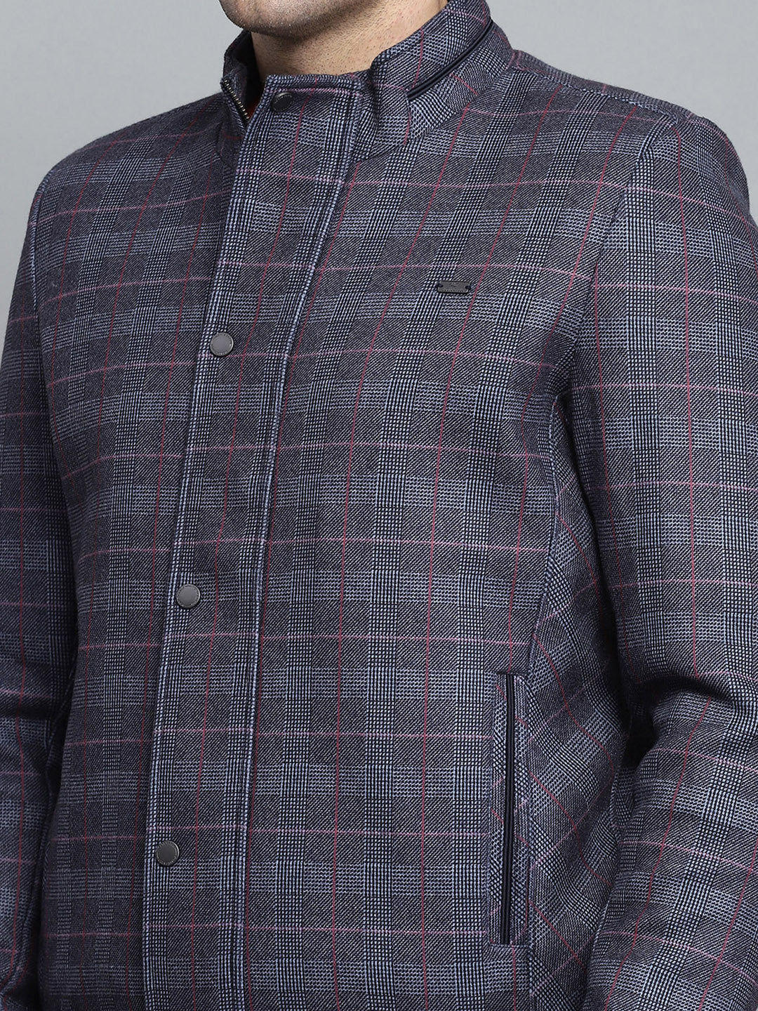 Men Navy Blue Self Design Mock Neck Full Sleeve Jacket - Image 6