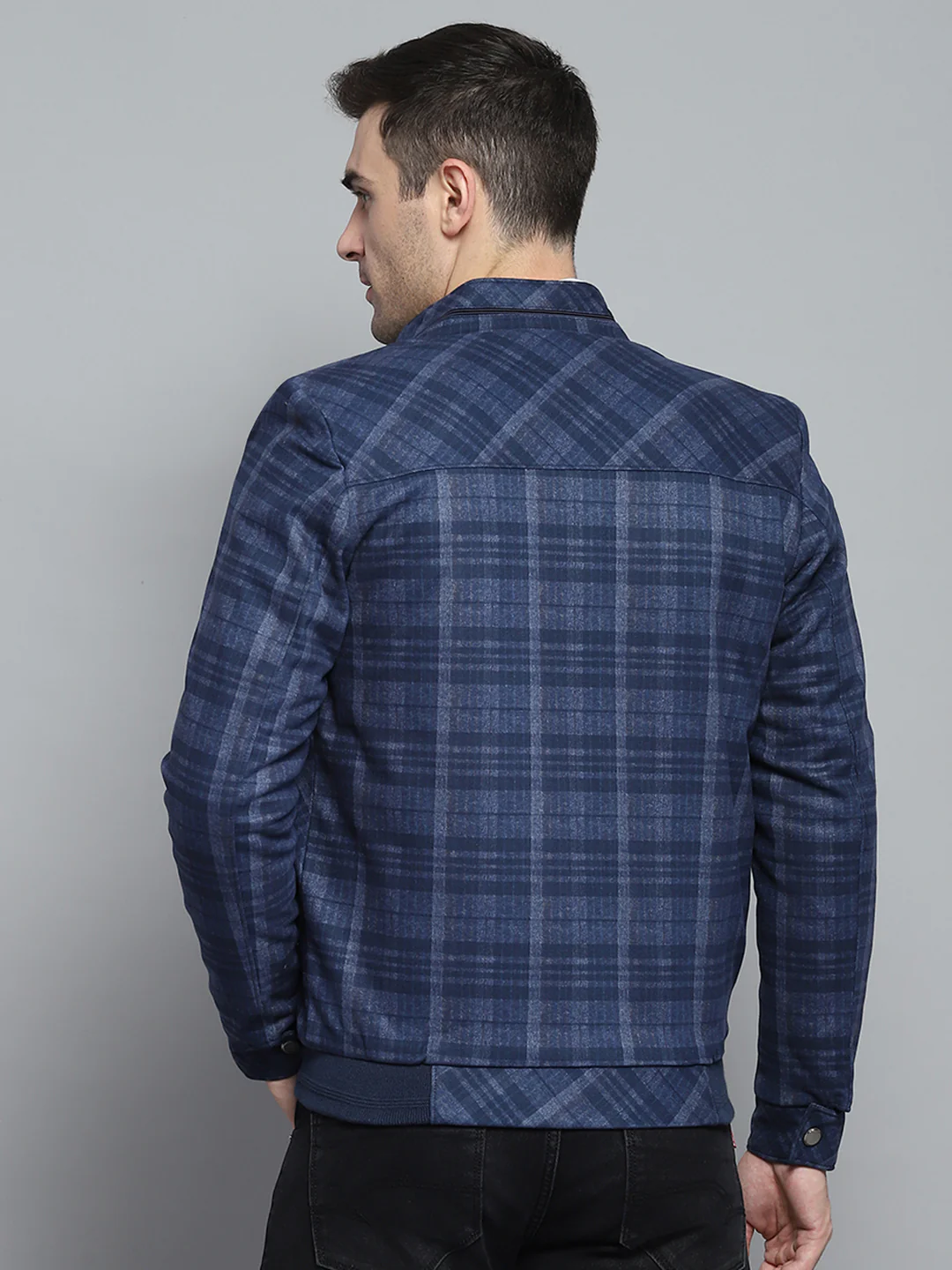 Men Navy Blue Self Design Mock Neck Full Sleeve Jacket - Image 5