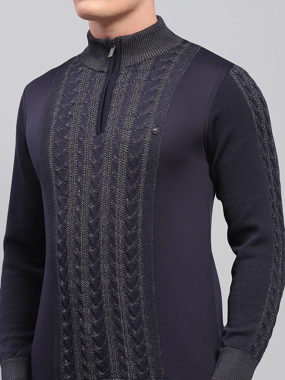 Men Navy Blue Self Design Mock Neck Full Sleeve Pullover - Image 6