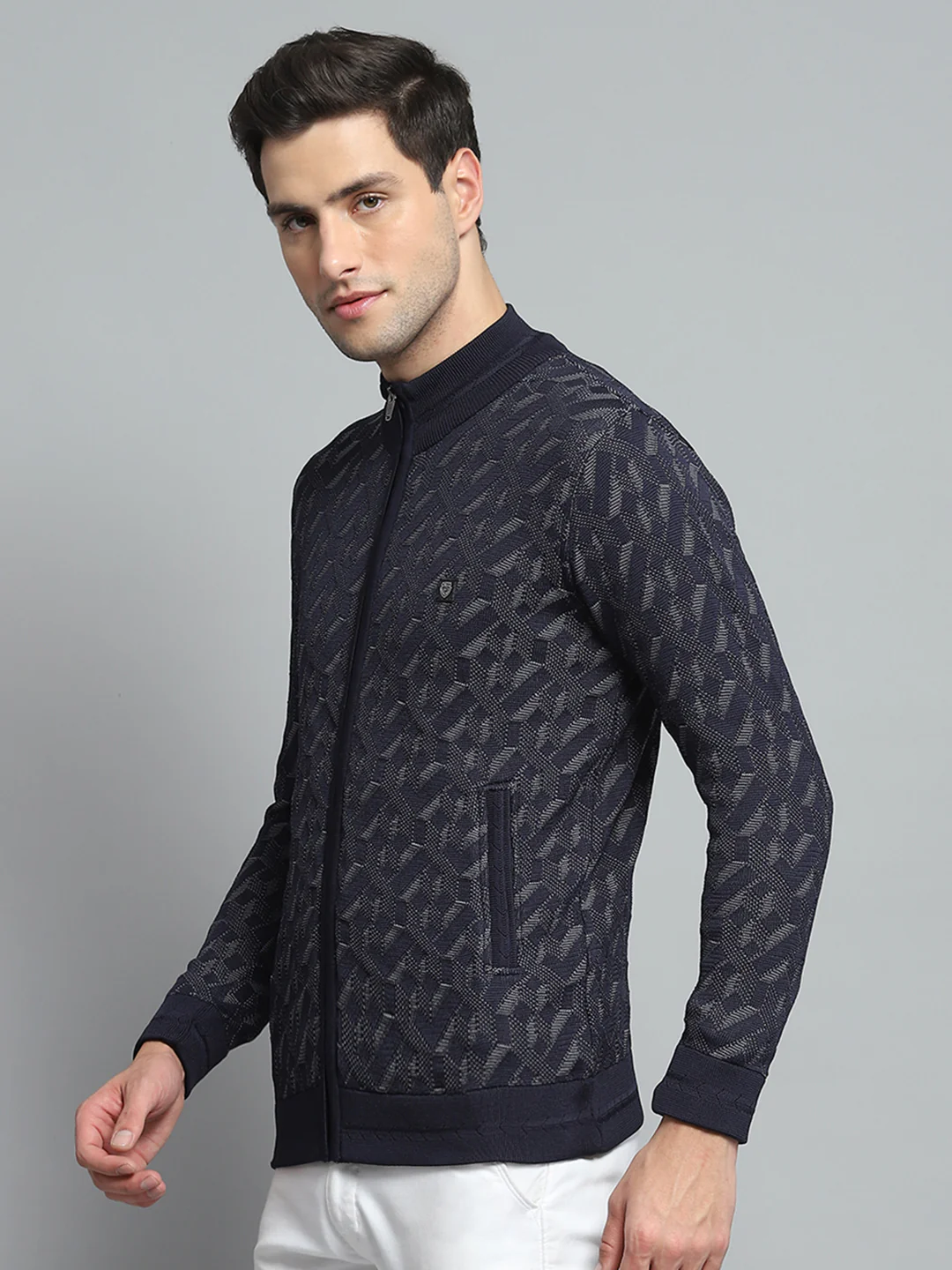 Men Navy Blue Self Design Mock Neck Full Sleeve Pullover - Image 3