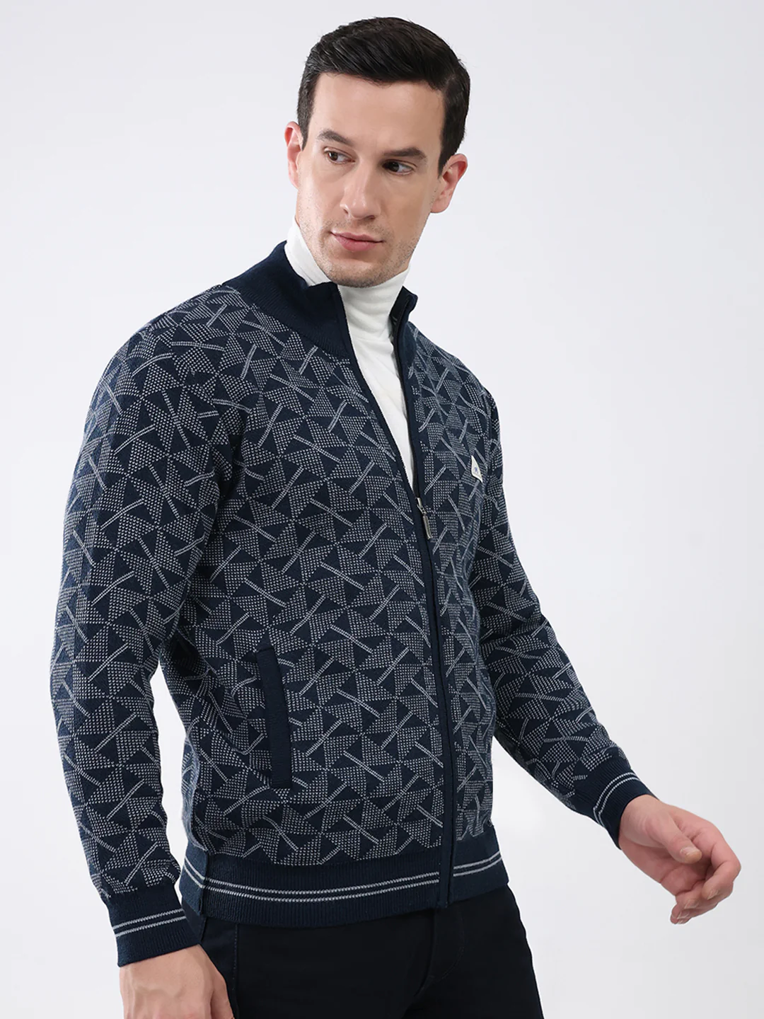 Men Navy Blue Self Design Mock Neck Full Sleeve Pullover - Image 4