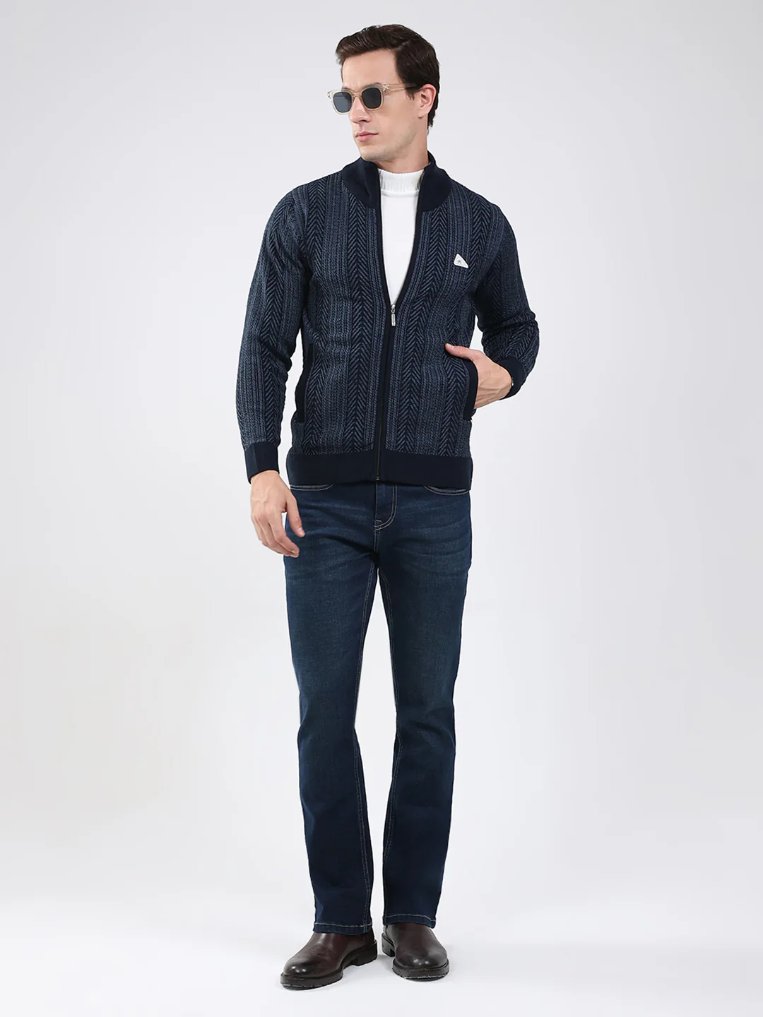 Men Navy Blue Self Design Mock Neck Full Sleeve Pullover - Image 2