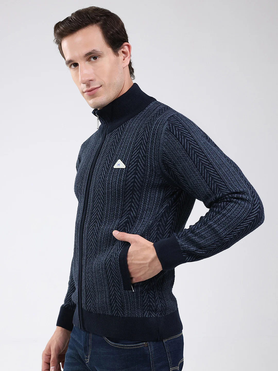 Men Navy Blue Self Design Mock Neck Full Sleeve Pullover - Image 3
