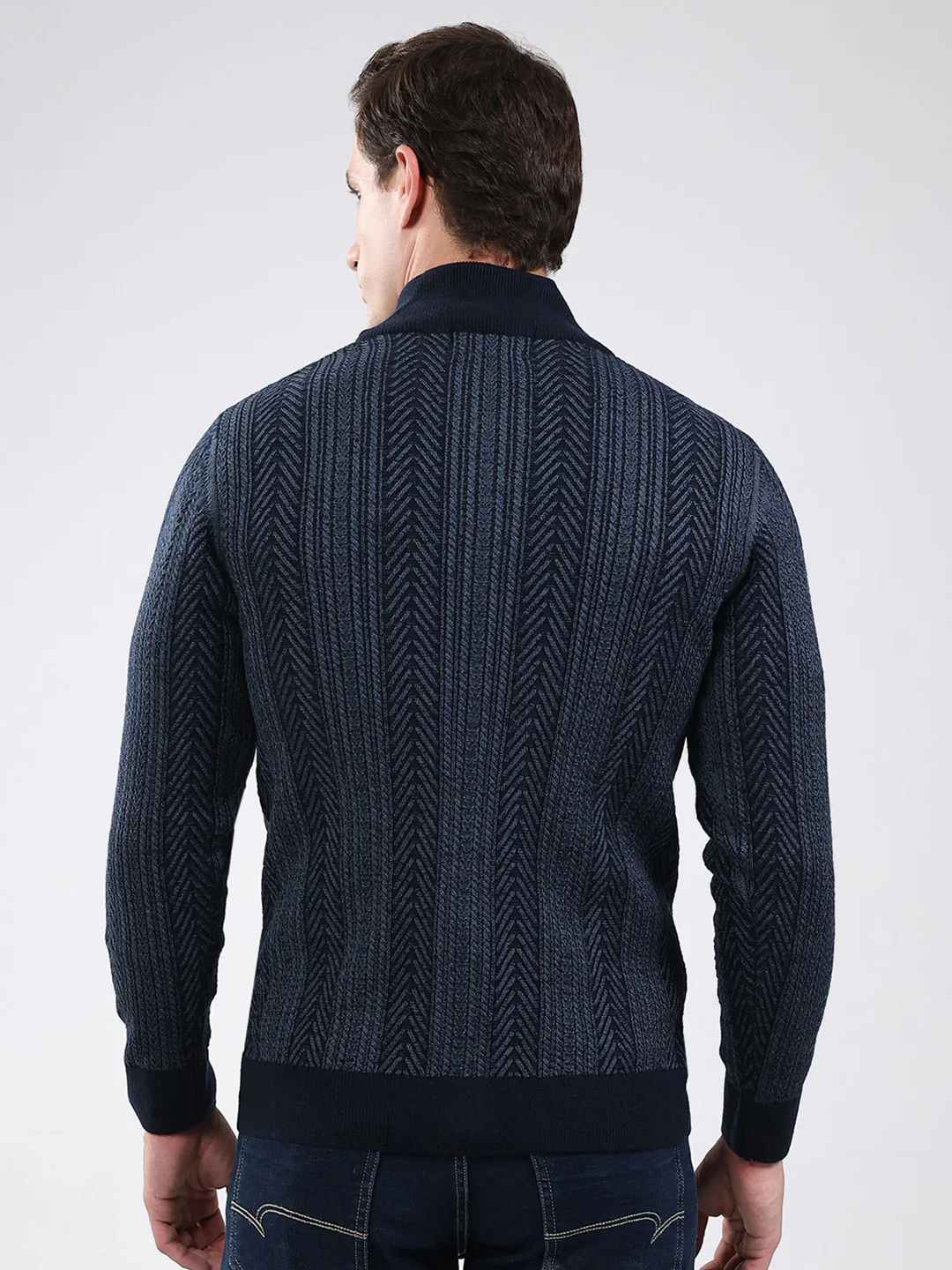 Men Navy Blue Self Design Mock Neck Full Sleeve Pullover - Image 5