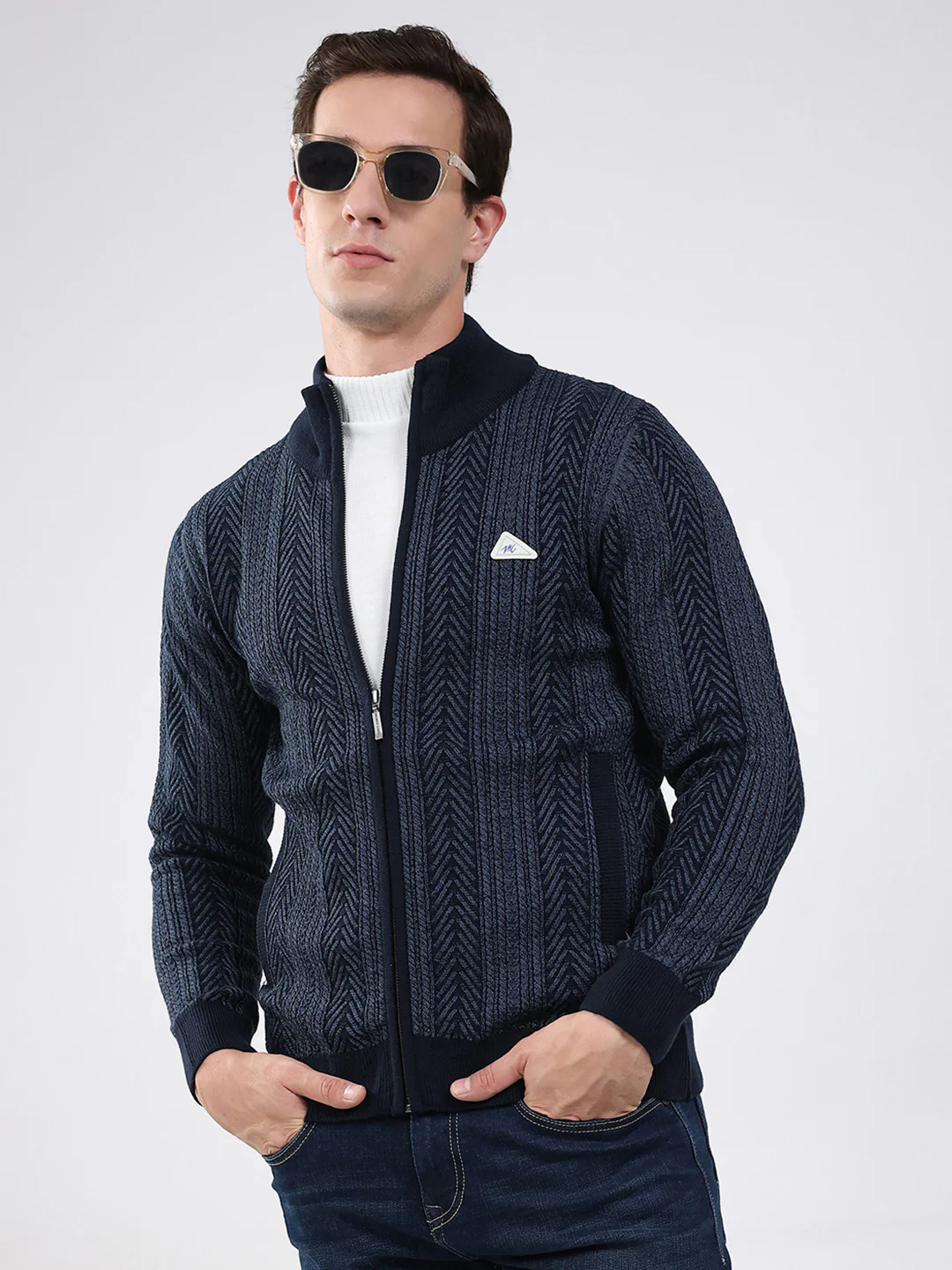 Men Navy Blue Self Design Mock Neck Full Sleeve Pullover - Image 6