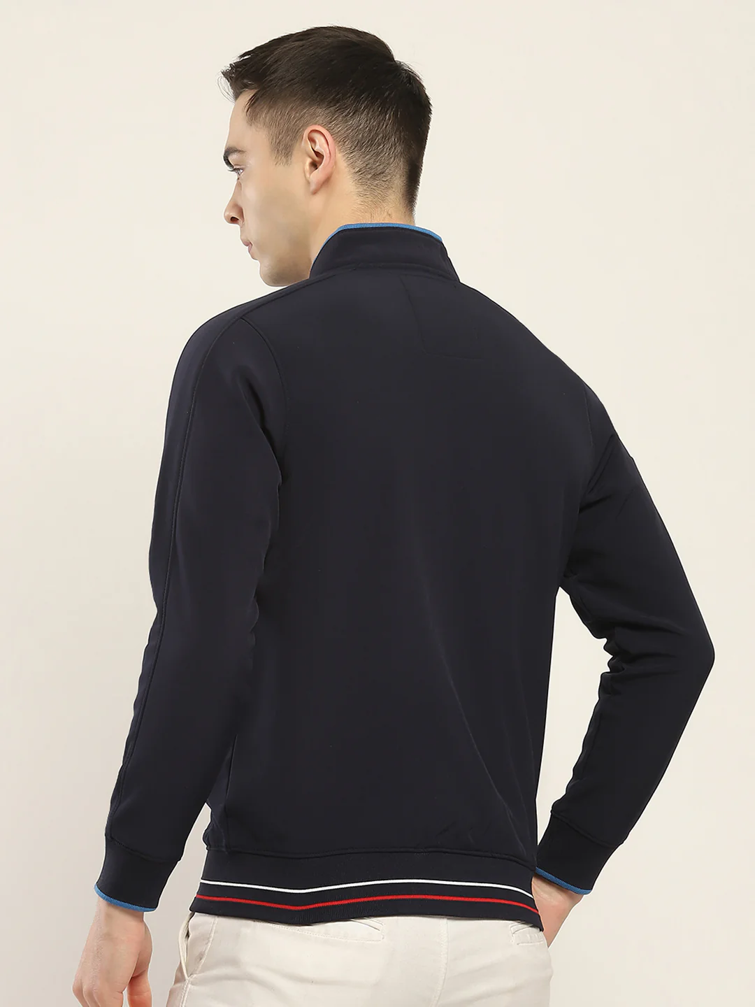 Men Navy Blue Self Design Mock Neck Full Sleeve Sweatshirt - Image 5