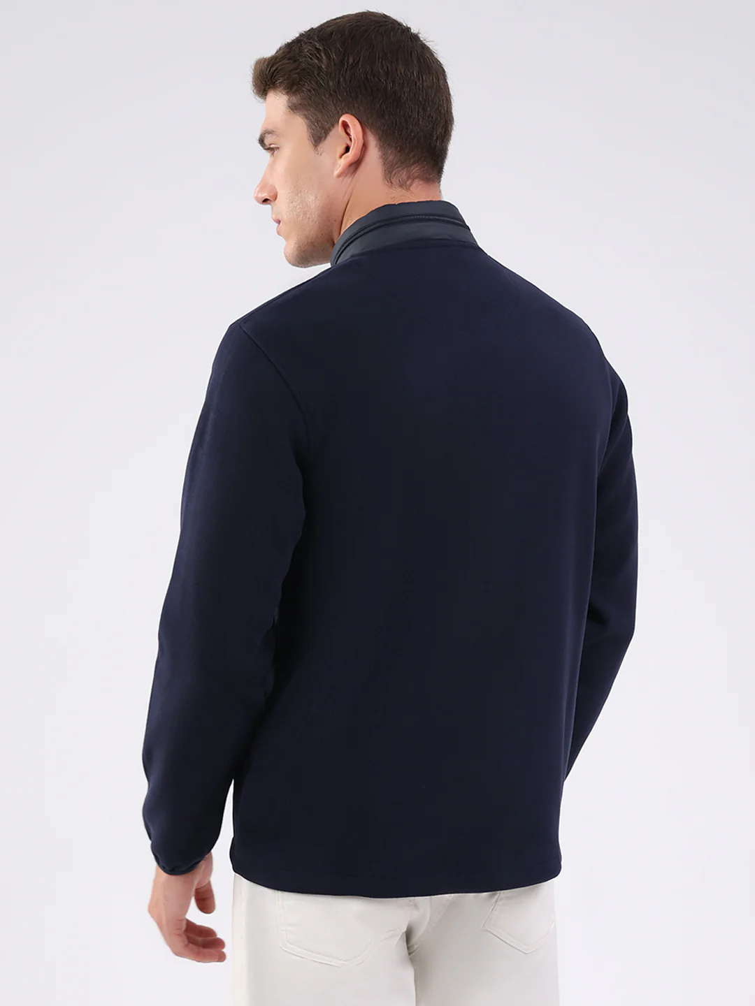 Men Navy Blue Self Design Mock Neck Full Sleeve Sweatshirt - Image 5