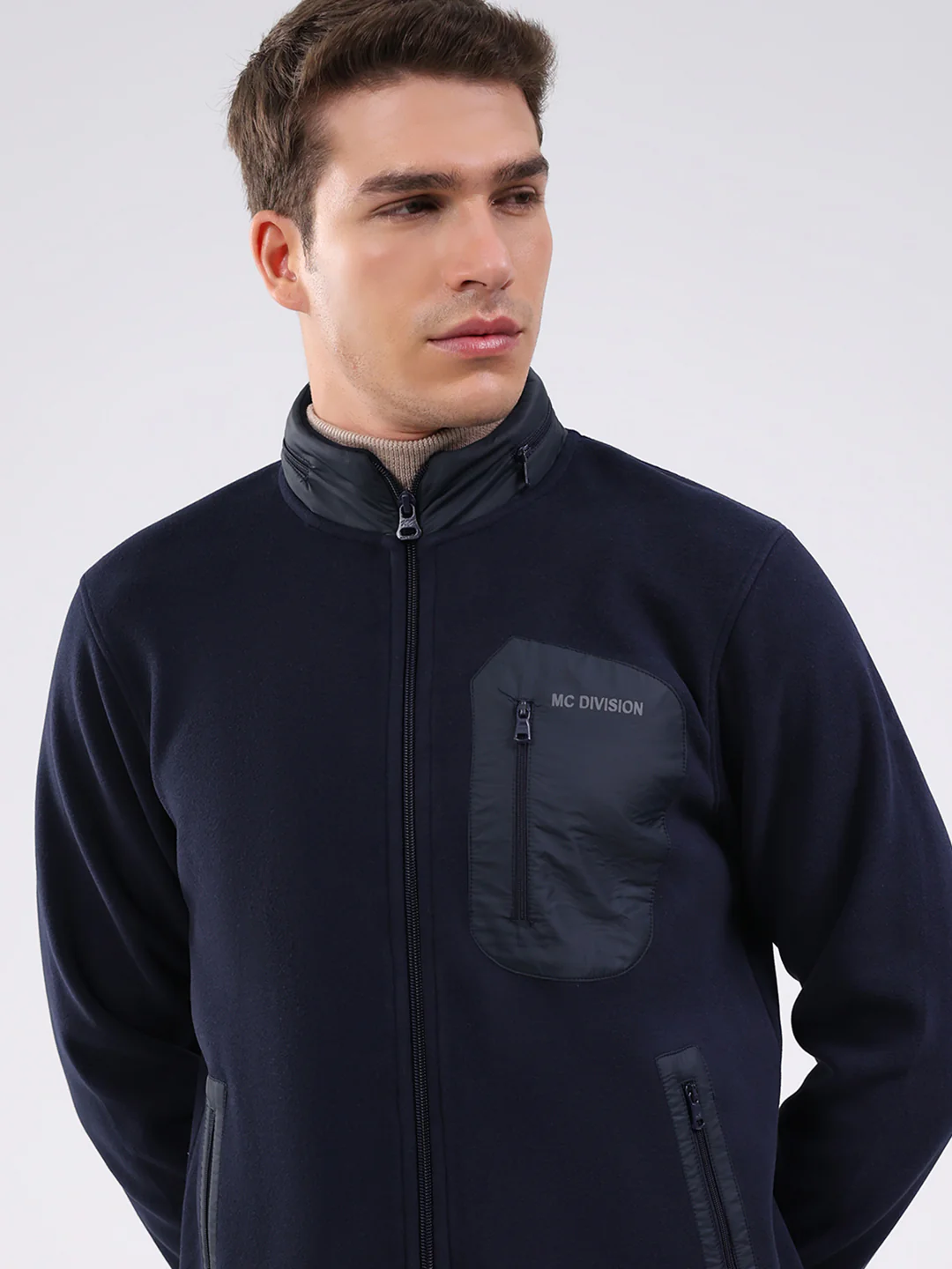 Men Navy Blue Self Design Mock Neck Full Sleeve Sweatshirt - Image 7