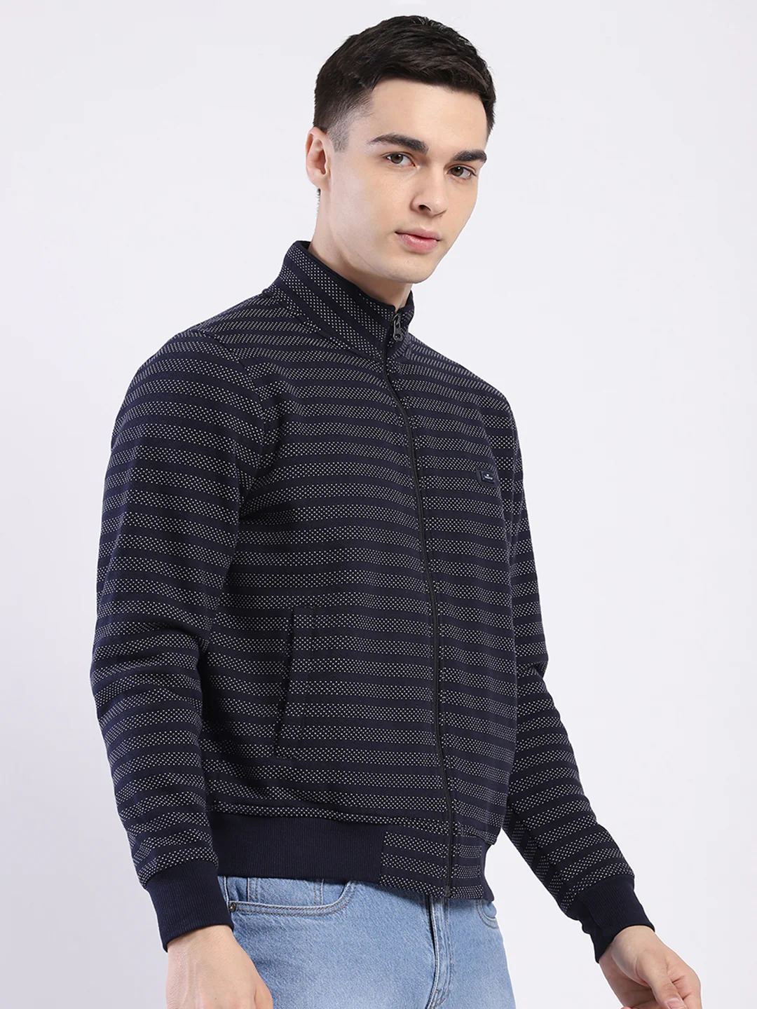 Men Navy Blue Self Design Mock Neck Full Sleeve Sweatshirt - Image 4