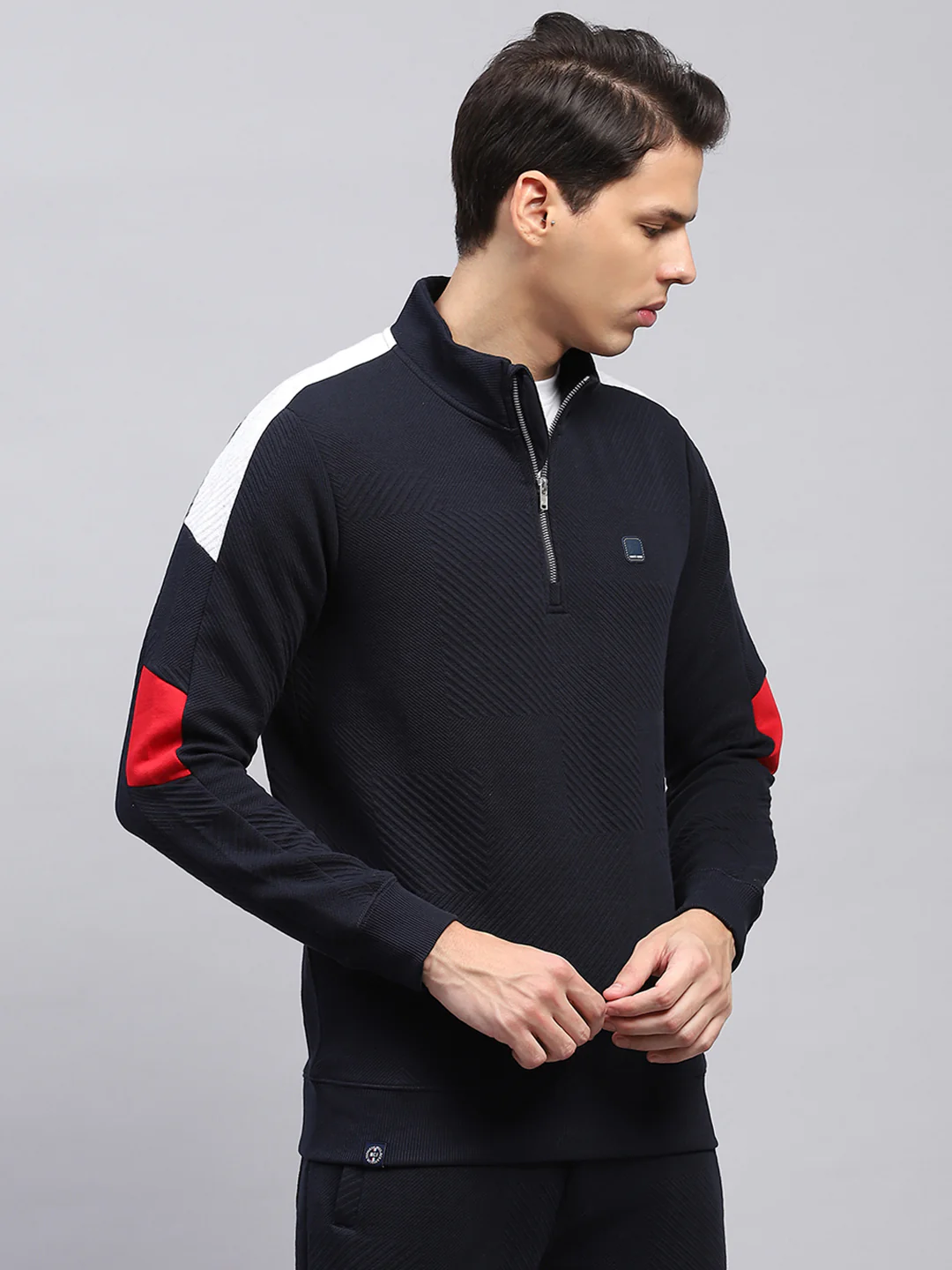 Men Navy Blue Self Design Mock Neck Full Sleeve Winter T-Shirt - Image 4