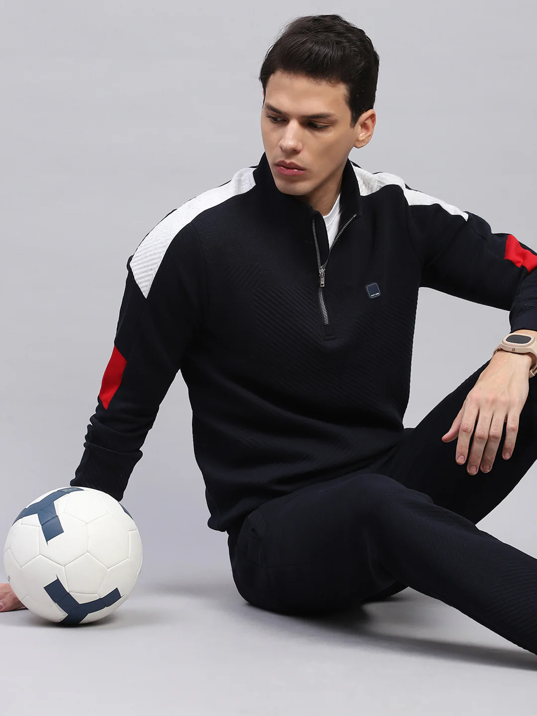 Men Navy Blue Self Design Mock Neck Full Sleeve Winter T-Shirt - Image 6