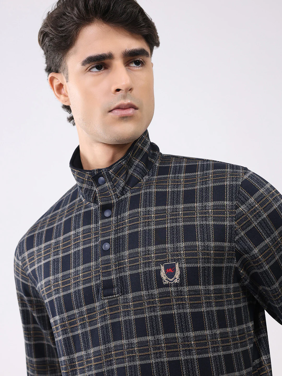Men Navy Blue Self Design Mock Neck Full Sleeve Winter T-Shirt - Image 6