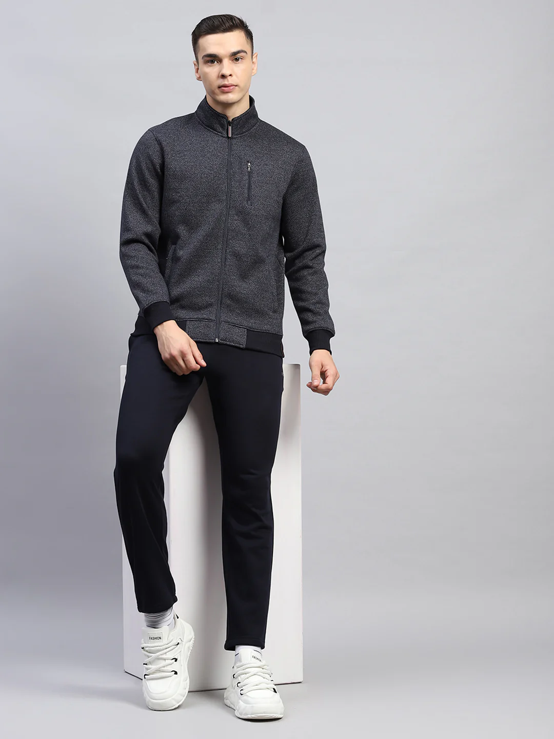 Men Navy Blue Self Design Mock Neck Full Sleeve Winter Tracksuit - Image 2