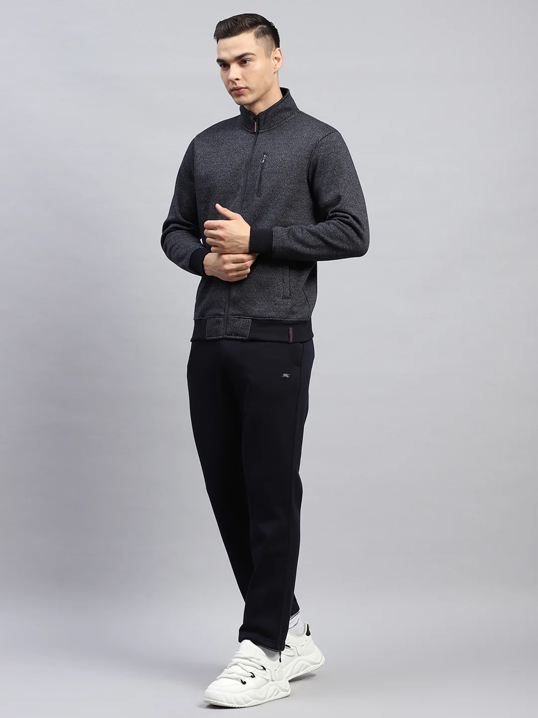 Men Navy Blue Self Design Mock Neck Full Sleeve Winter Tracksuit - Image 3