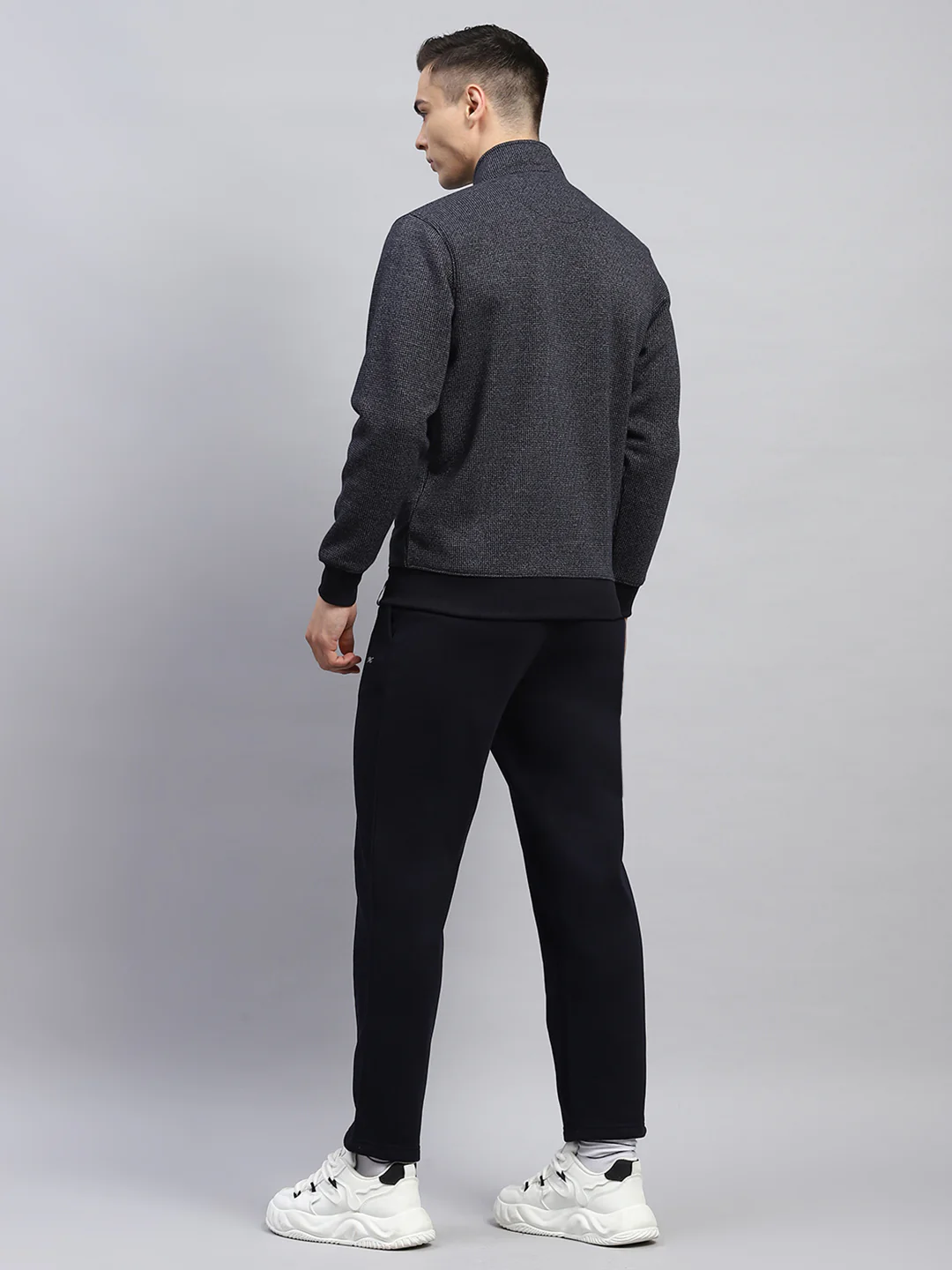 Men Navy Blue Self Design Mock Neck Full Sleeve Winter Tracksuit - Image 5