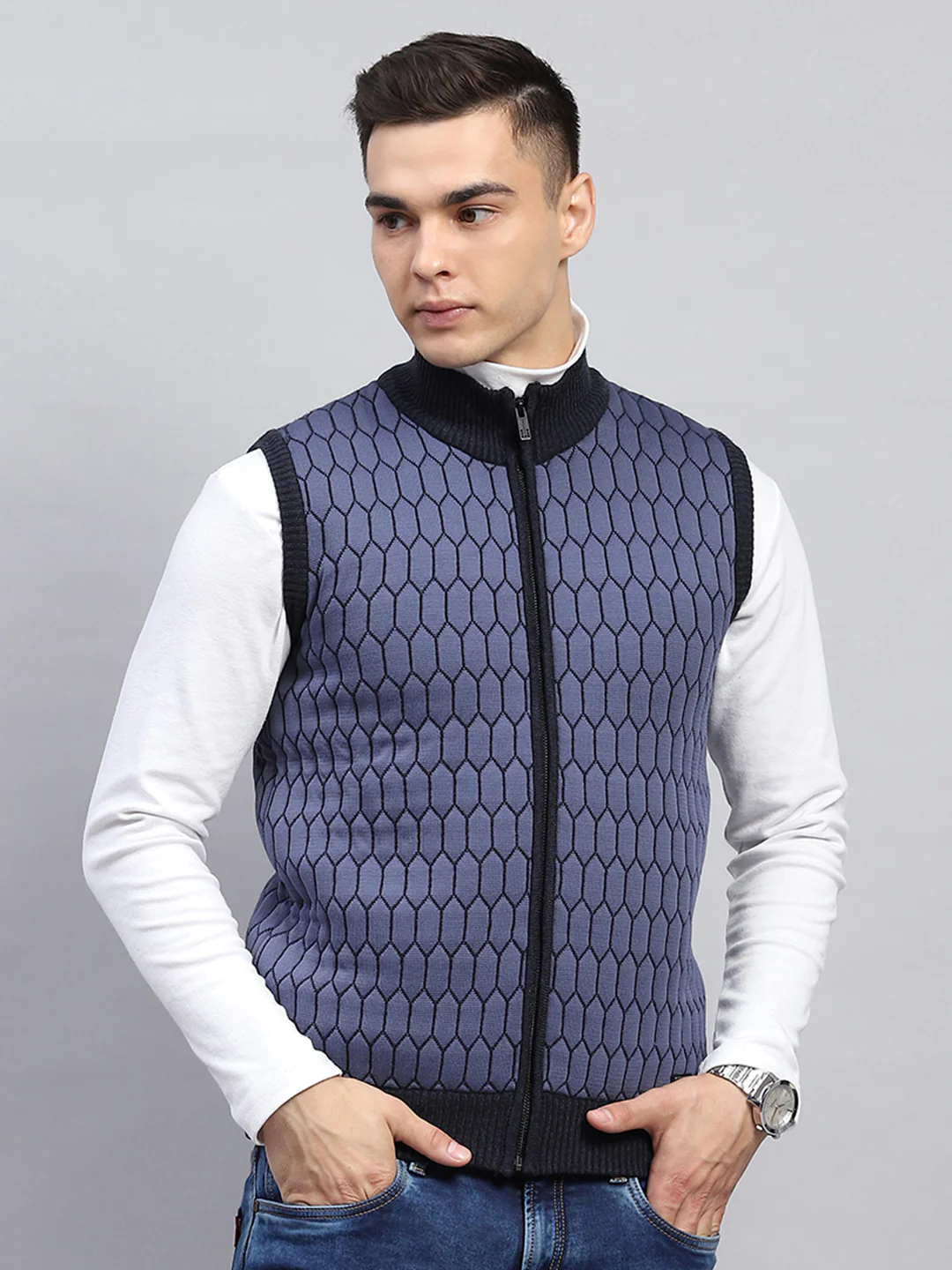 Men Navy Blue Self Design Mock Neck Sleeveless Jacket - Image 3