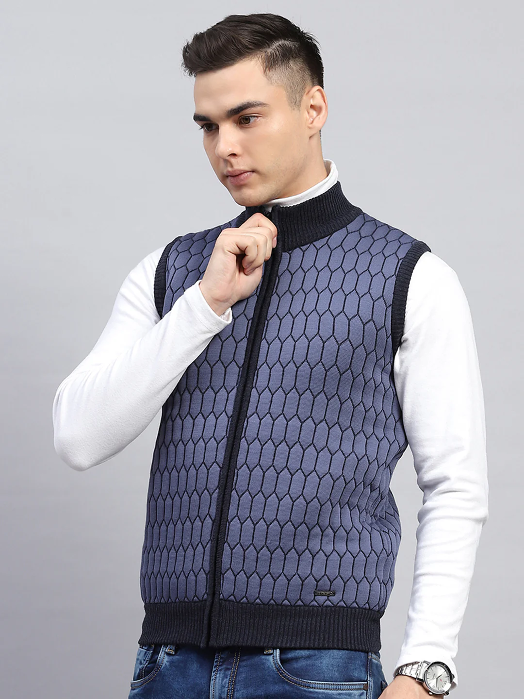 Men Navy Blue Self Design Mock Neck Sleeveless Jacket - Image 4