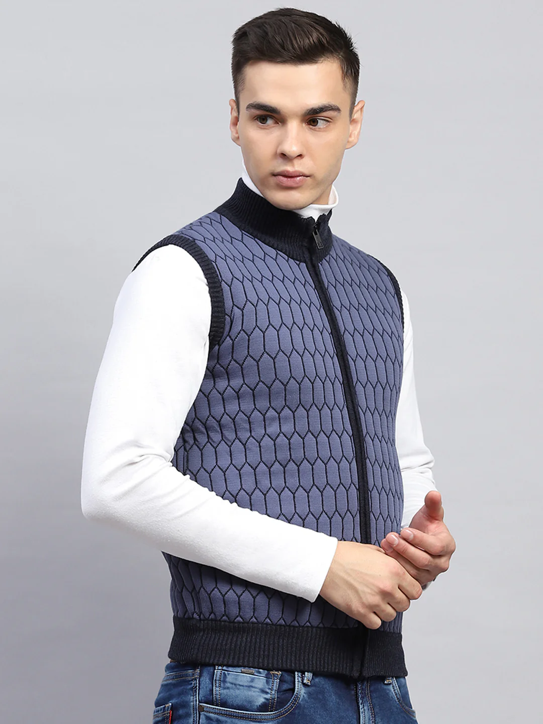 Men Navy Blue Self Design Mock Neck Sleeveless Jacket - Image 5