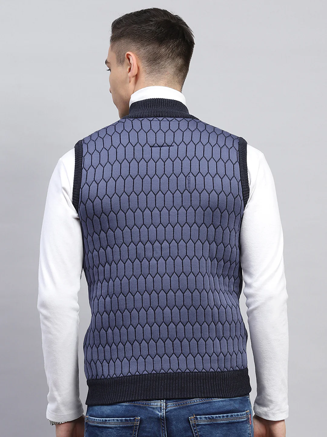 Men Navy Blue Self Design Mock Neck Sleeveless Jacket - Image 6