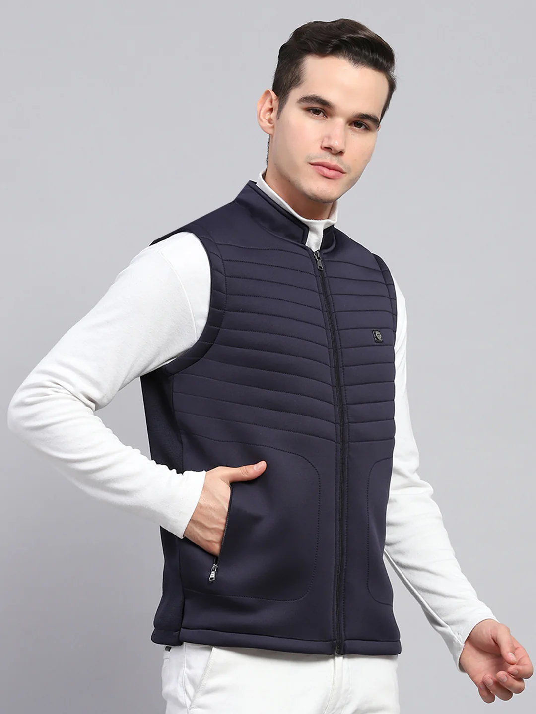 Men Navy Blue Self Design Mock Neck Sleeveless Jacket - Image 4
