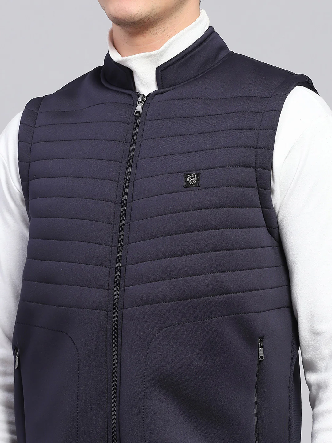 Men Navy Blue Self Design Mock Neck Sleeveless Jacket - Image 6