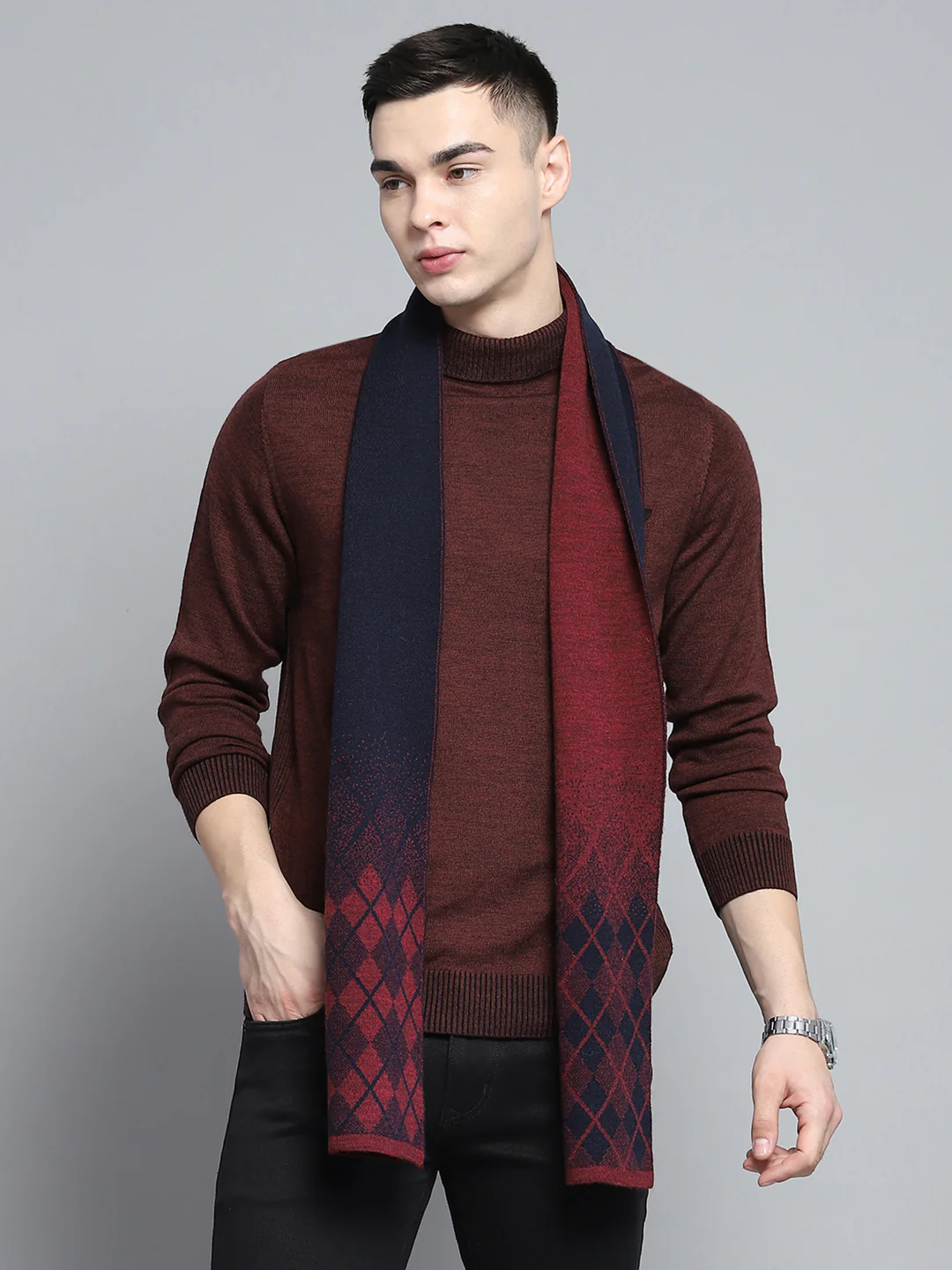 Men Navy Blue Self Design Muffler - Image 5