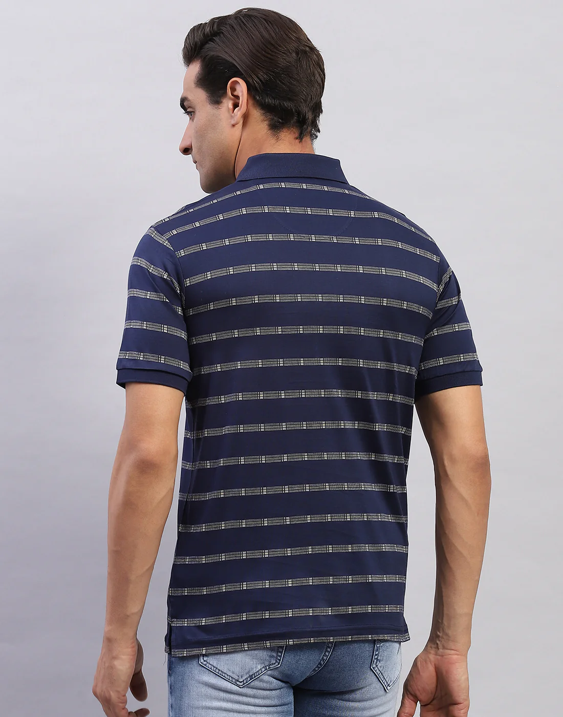 Men Navy Blue Self Design Polo Collar Half Sleeve T-Shirt - Image 5