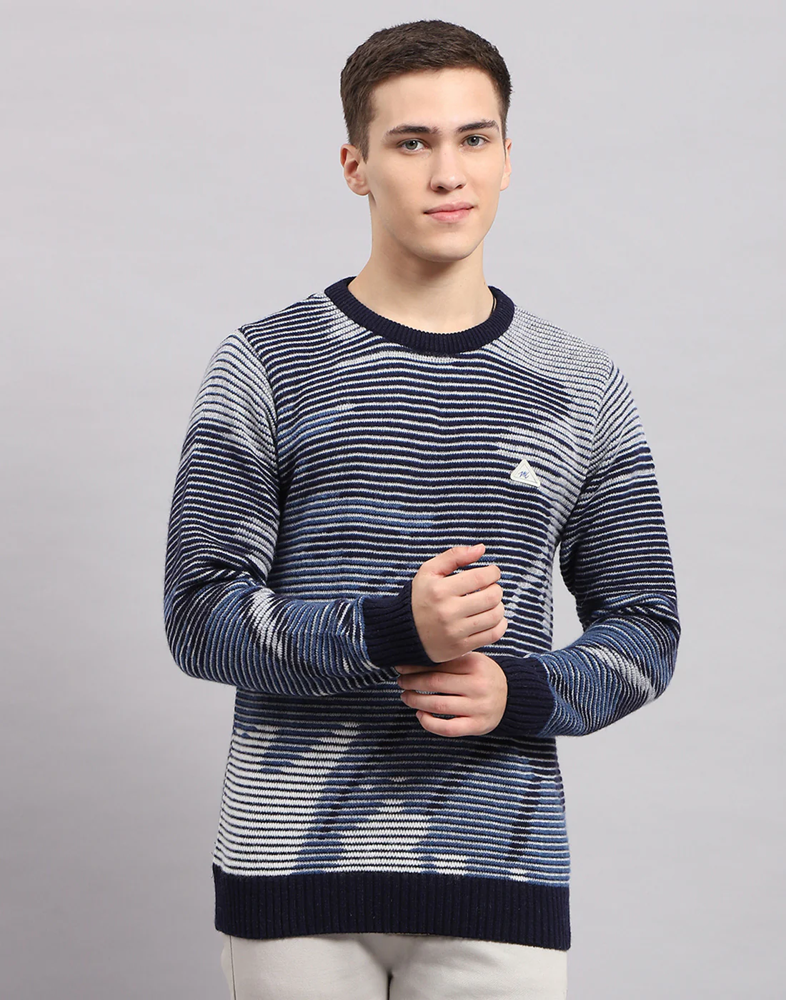 Men Navy Blue Self Design Round Neck Full Sleeve Pullover - Image 2