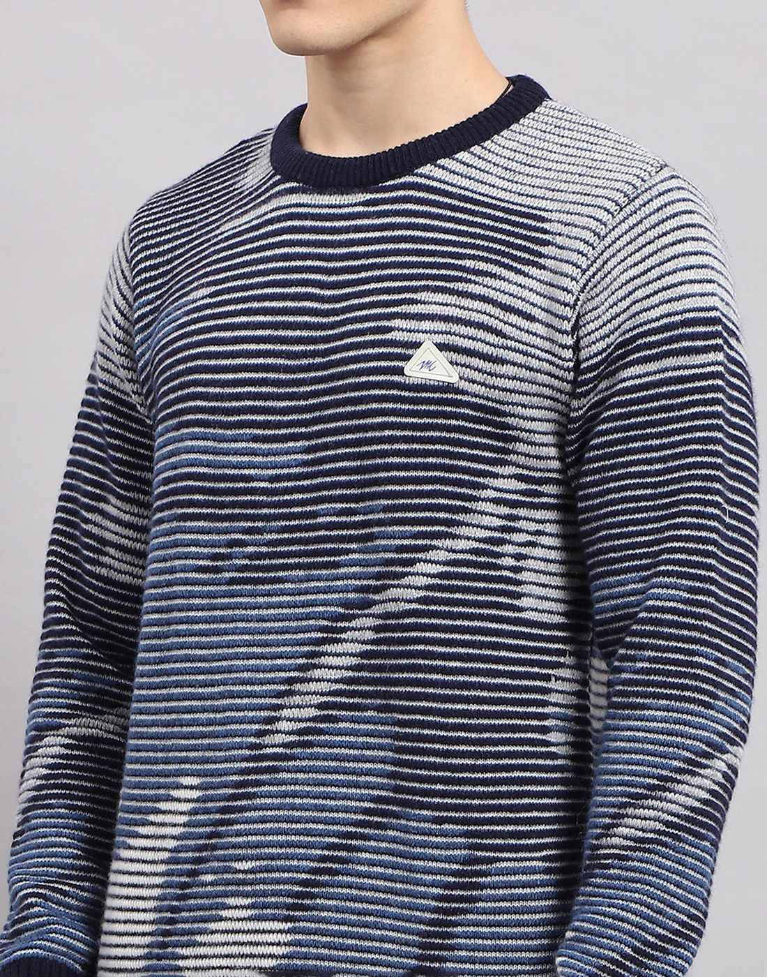 Men Navy Blue Self Design Round Neck Full Sleeve Pullover - Image 6