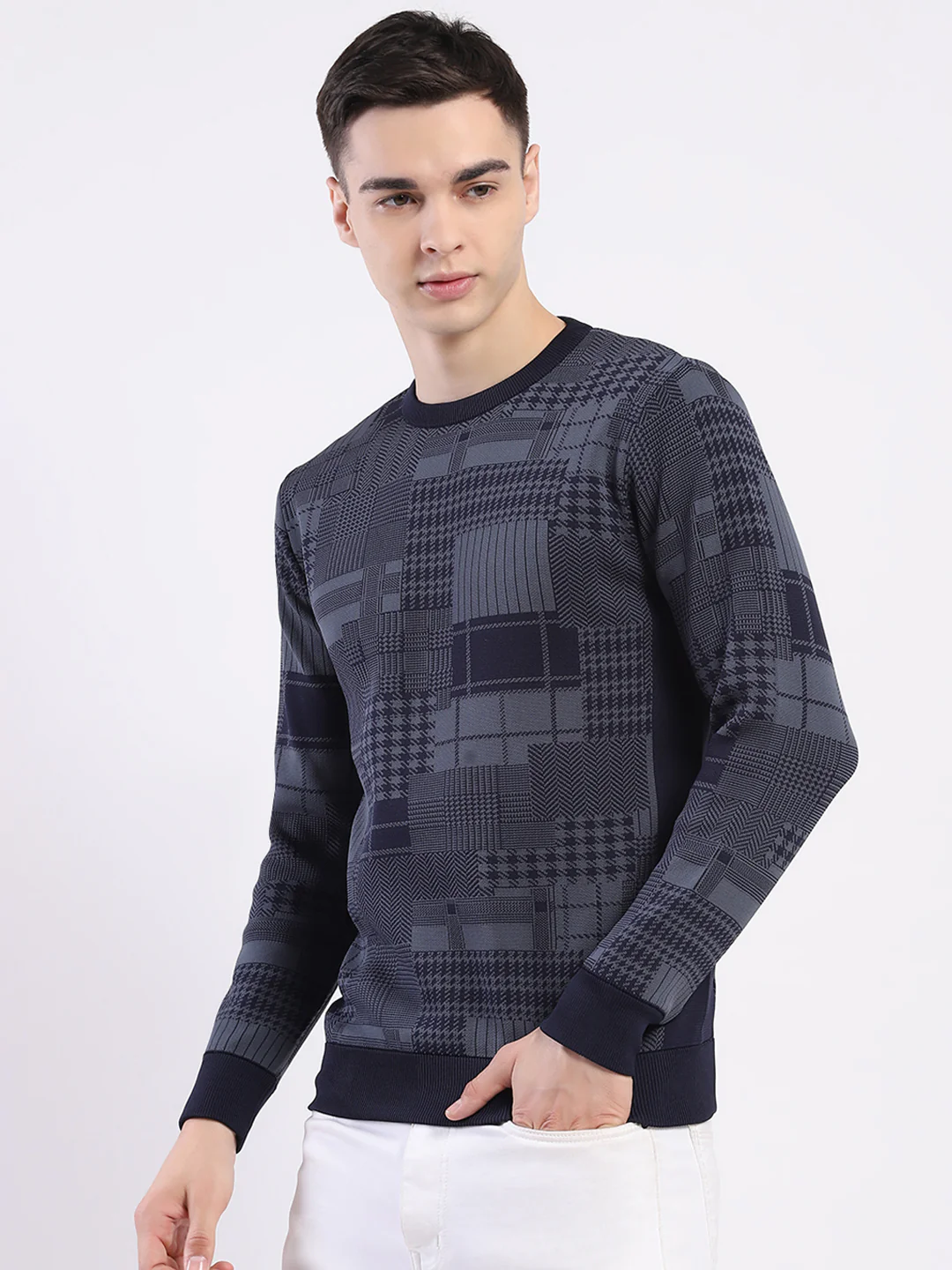 Men Navy Blue Self Design Round Neck Full Sleeve Pullover - Image 3