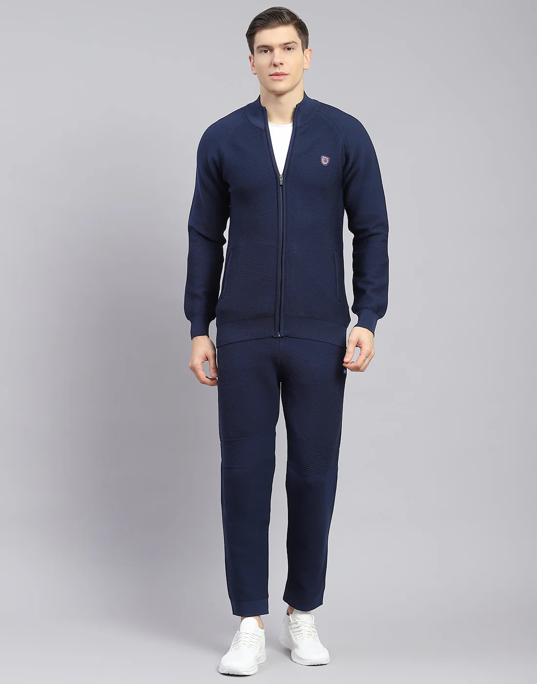 Men Navy Blue Self Design Stand Collar Full Sleeve Tracksuit - Image 3