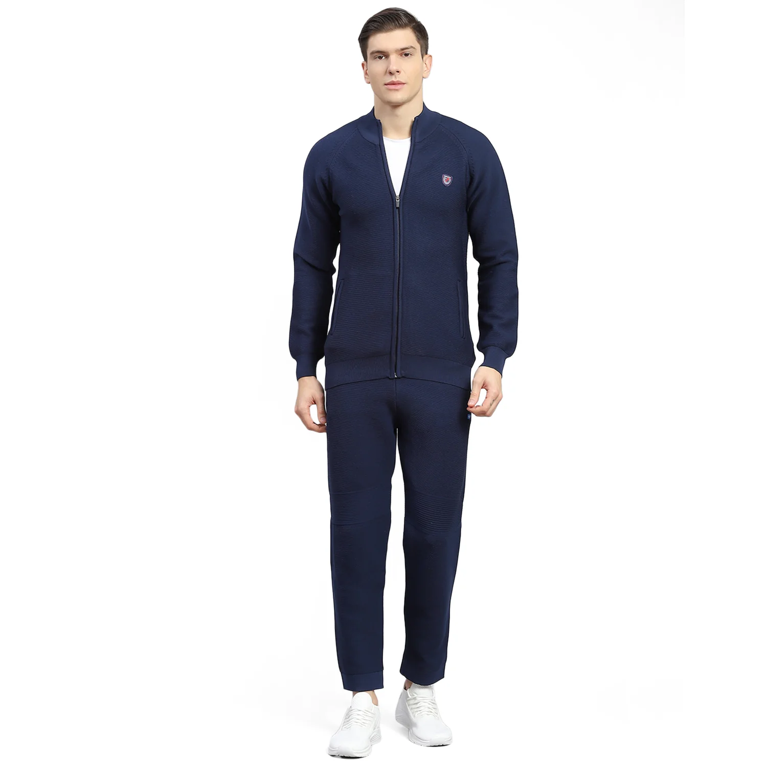 Men Navy Blue Self Design Stand Collar Full Sleeve Tracksuit - Image 5