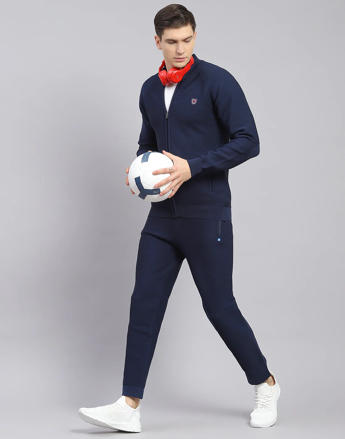 Men Navy Blue Self Design Stand Collar Full Sleeve Tracksuit - Image 7