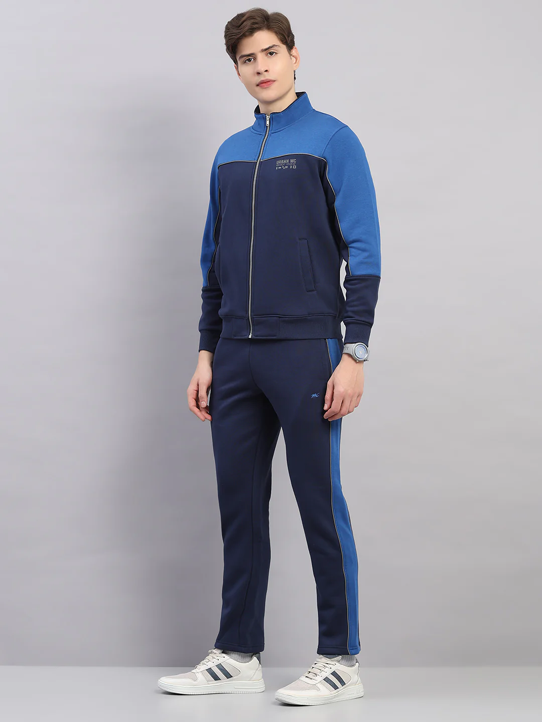 Men Navy Blue Self Design Stand Collar Full Sleeve Winter Tracksuit - Image 3