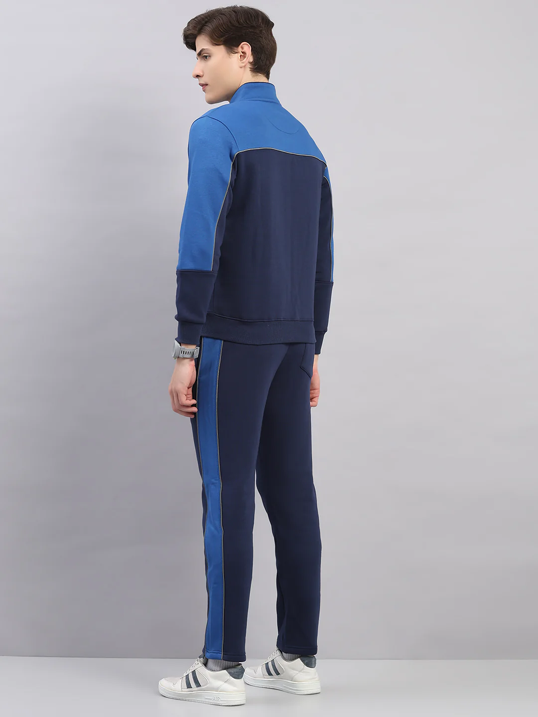 Men Navy Blue Self Design Stand Collar Full Sleeve Winter Tracksuit - Image 5