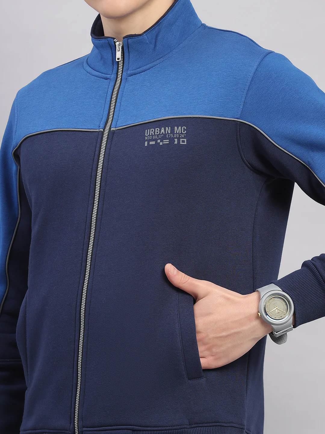 Men Navy Blue Self Design Stand Collar Full Sleeve Winter Tracksuit - Image 7